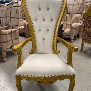 Silla/trono XL con brazos oro/skai blanco con cristales