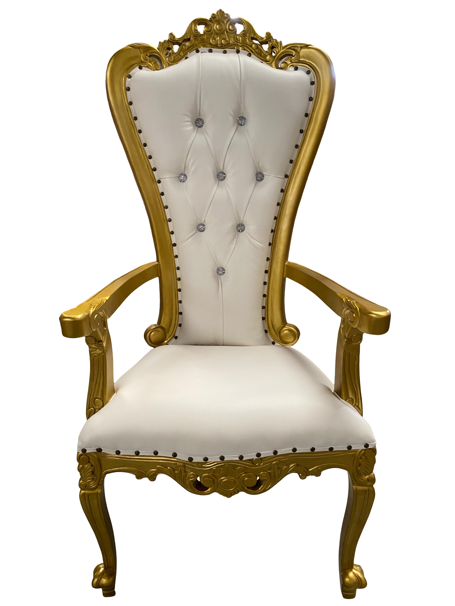 Silla/trono XL con brazos oro/skai blanco con cristales