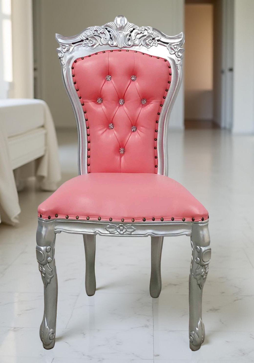 Silla barroca "indo" plata/skai rosa con cristales