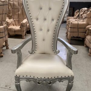 Silla/trono XL con brazos plata/skai blanco con cristales
