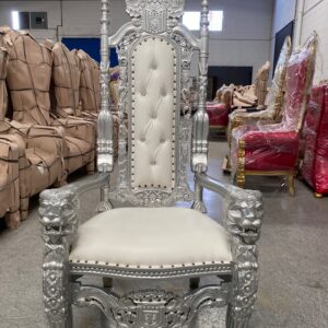 Sillón/trono XXL León plata/skai blanco con cristales