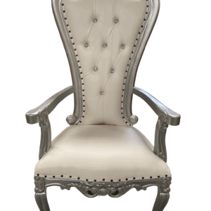 Silla/trono XL con brazos plata/skai blanco con cristales