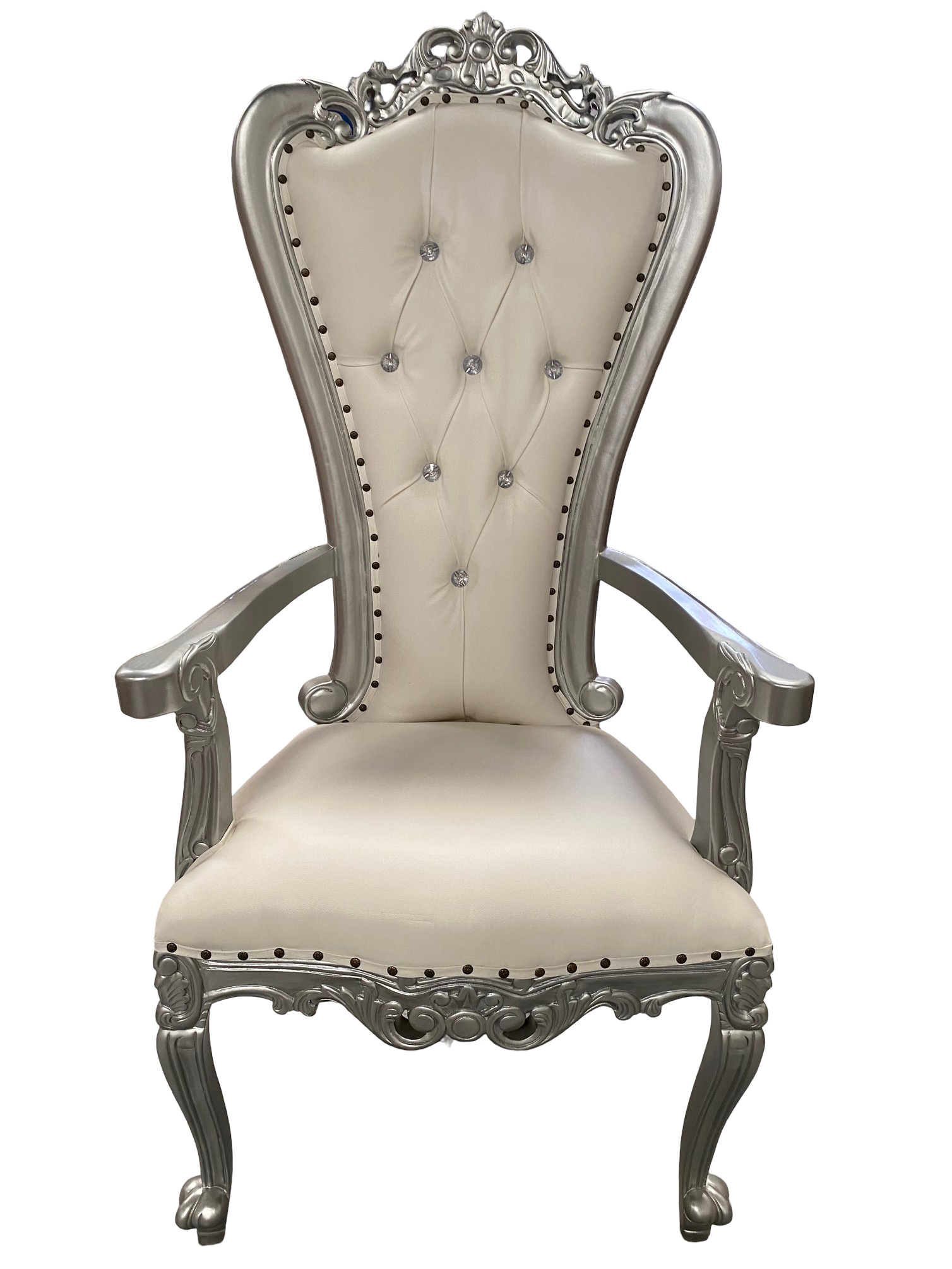 Silla/trono XL con brazos plata/skai blanco con cristales