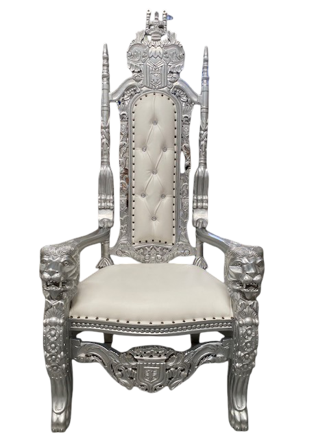 Sillón/trono XXL León plata/skai blanco con cristales