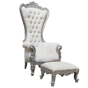 Trono XXL plata/skai blanco con cristales y reposapiés